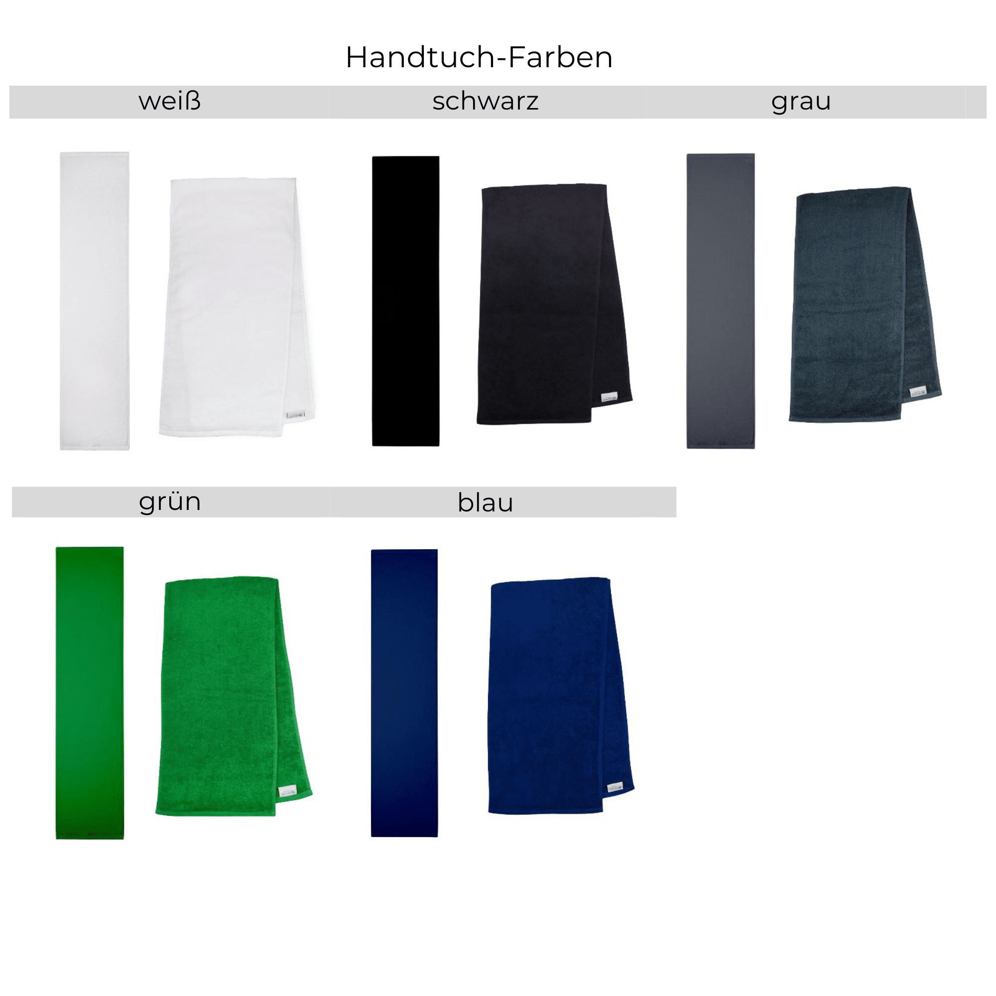 Farbübersicht der Tennishandtücher: weiß, schwarz, grau, grün, blau