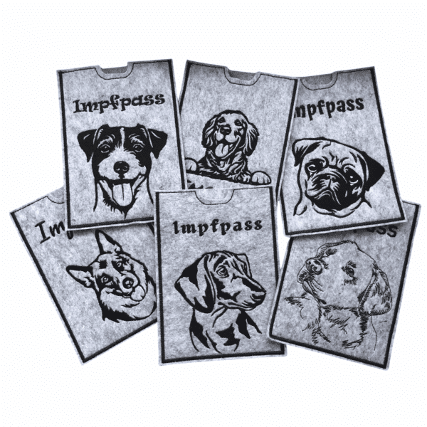Impfausweishülle aus Filz für Hunde - Hunderasse im schwarz-weiß Design mit verschiedenen Hundemotiven