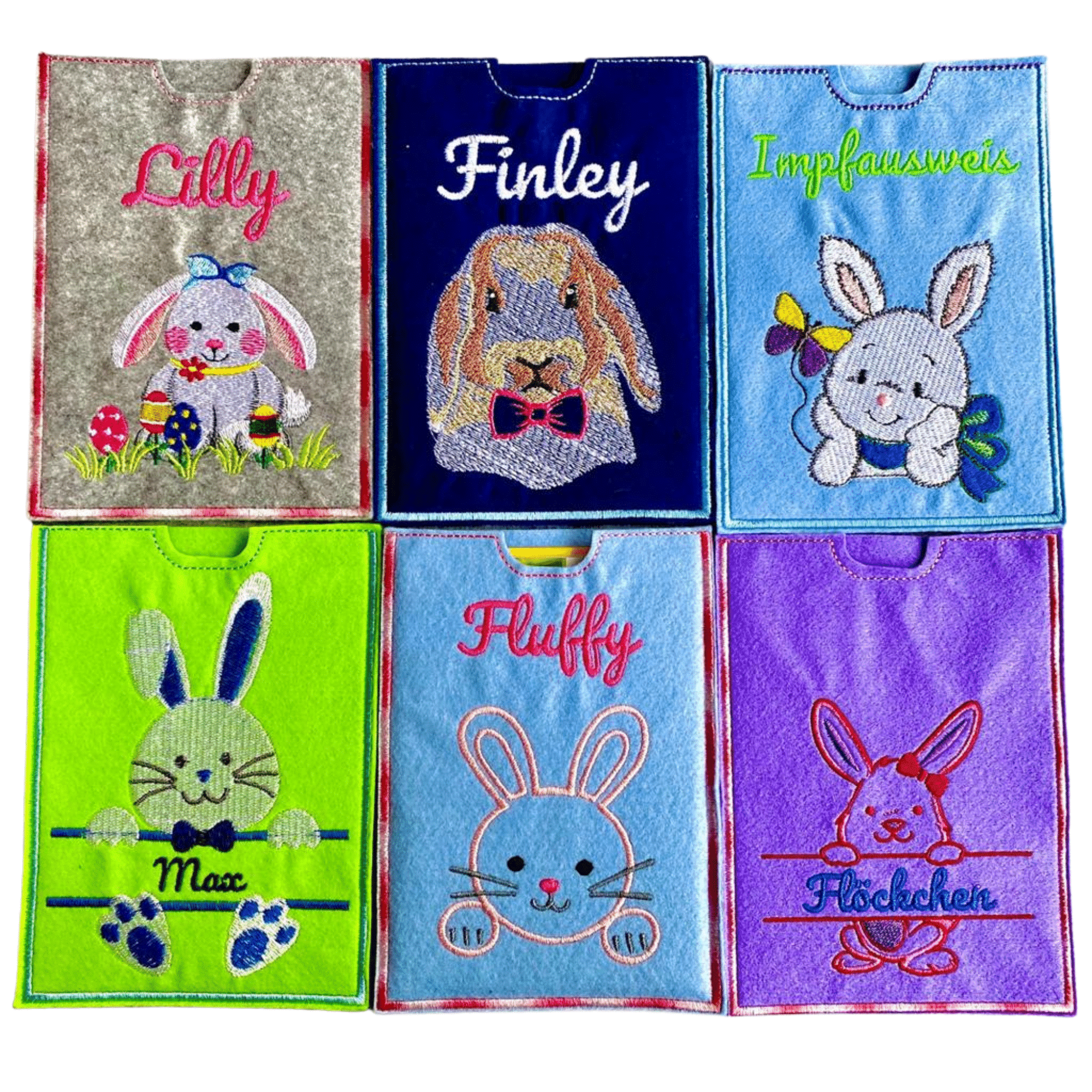 Produktübersicht von Impfausweishülle aus Filz für Kaninchen mit verschiedenen Kaninchen-Stickdesigns