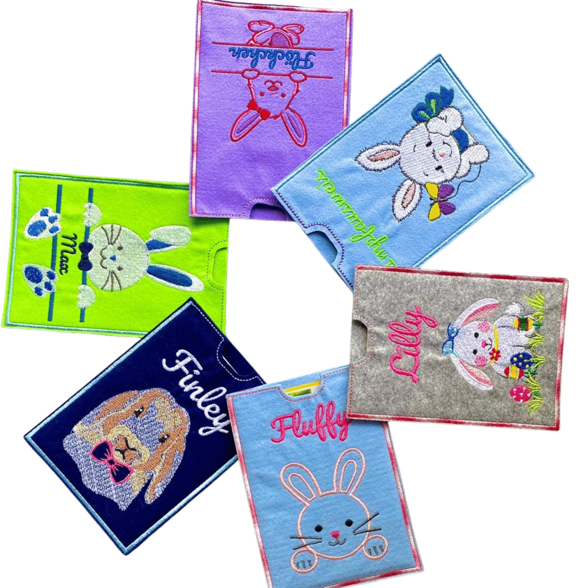 Bunte Impfausweishülle aus Filz für Kaninchen mit verschiedenen Stickmotiven und individuellen Namen
