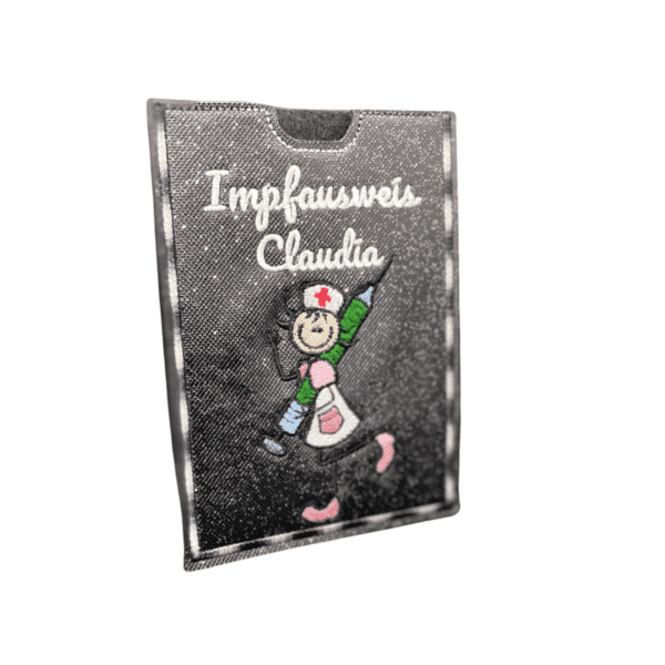 Glitzernde schwarze Impfausweishülle aus Kunstleder für Menschen mit dem Namen Claudia und Krankenschwester-Stickerei