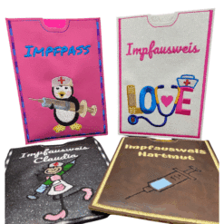 Bunte Impfausweishülle aus Kunstleder für Menschen mit verschiedenen Motiven wie Pinguin, LOVE, Spritze und Krankenschwester