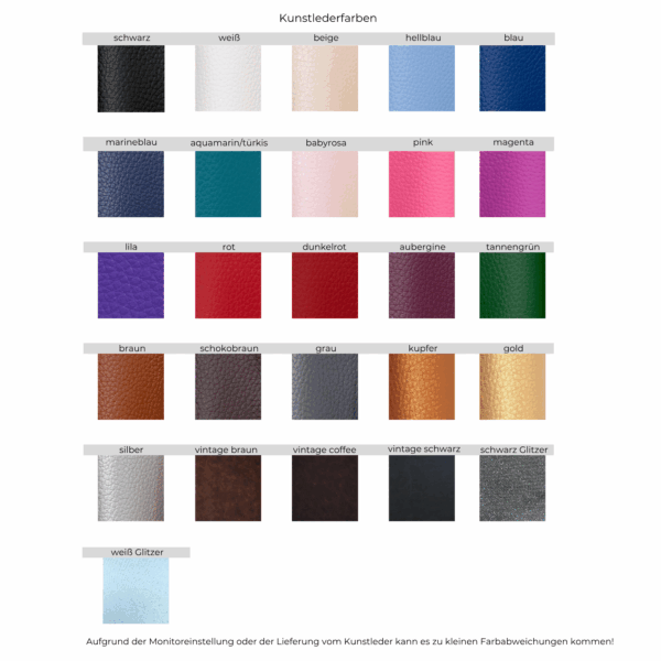 Übersicht aller Kunstlederfarben inklusive Glitzerfarben und Vintage-Töne