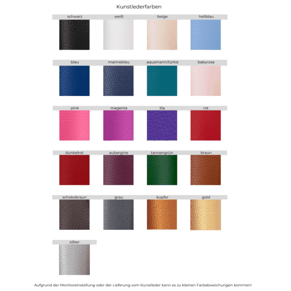 Kunstlederfarben Übersicht mit 21 Farbvarianten von Schwarz über Aquamarin bis Gold