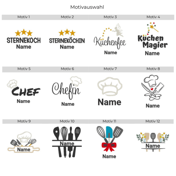 Übersicht aller Stickmotive für die Auswahl bei der Personalisierung der Kochschürze Teil 1