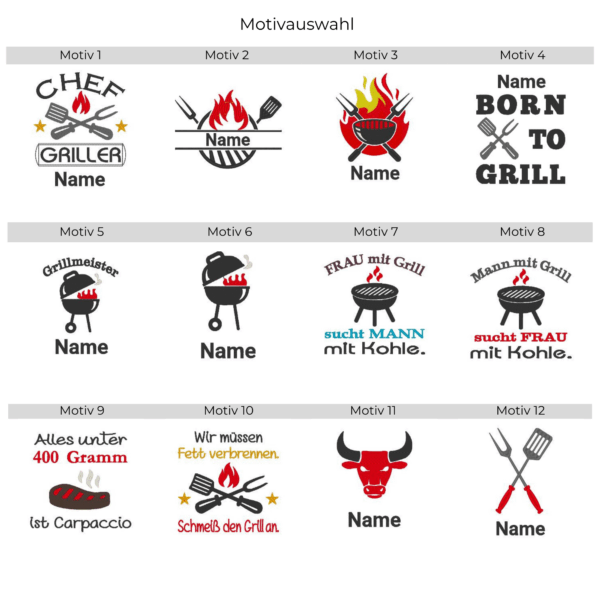 Übersicht aller Grill-Stickmotive für die Auswahl bei der Personalisierung der Grillschürze Teil 1