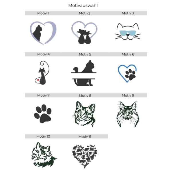 Übersicht aller Stickmotive zur Auswahl für eine personalisierte Impfausweishülle für Katzen.