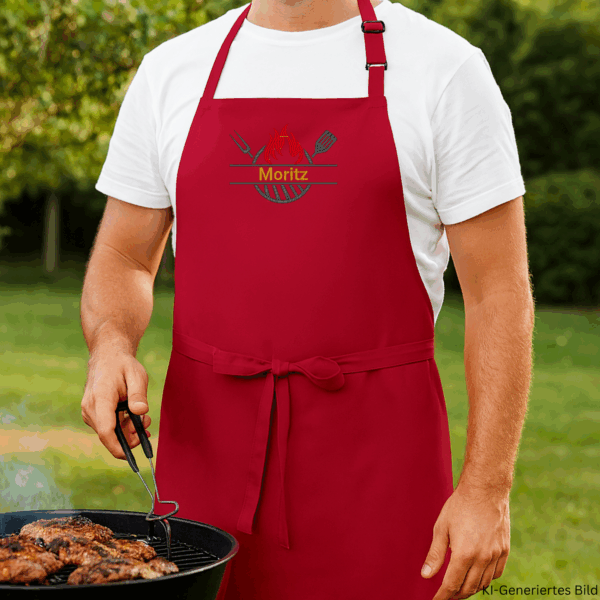 Personalisierte Grillschürze mit Grillmotiv, Flammen und dem Namen „Moritz“