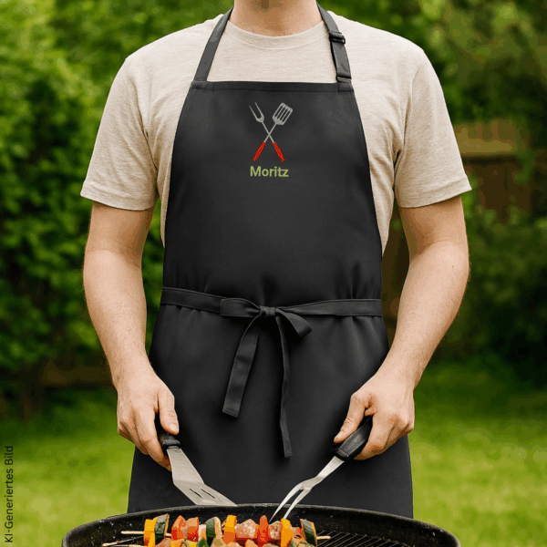 Person trägt eine schwarze personalisierte Grillschürze mit Grillbesteck-Motiv und dem Namen „Moritz“ beim Grillen im Garten