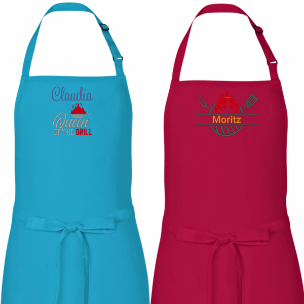 Personalisierte Grillschürze in verschiedenen Farben mit individuellen Motiven und Namen zur Auswahl