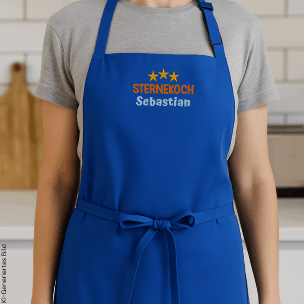 Person trägt eine blaue personalisierte Kochschürze mit dem Stickmotiv „Sternekoch Sebastian“ in einer modernen Küche.