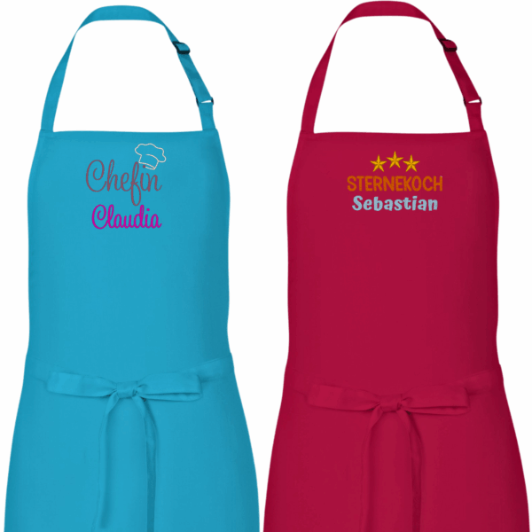 Verschiedene personalisierte Kochschürzen zum Kochen in vielen Farben mit Motiven wie „Sternekoch Sebastian“ oder "Chefin Claudia"