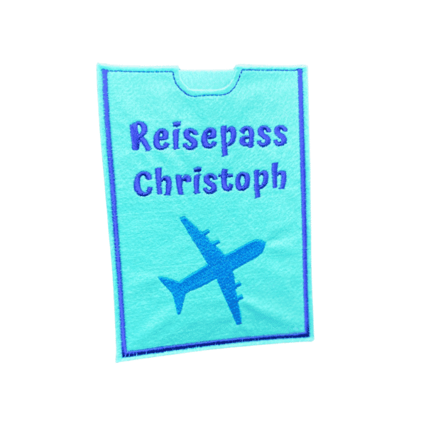 Personalisierte Reisepasshülle aus Filz in Türkis mit Flugzeug-Stickerei – ideal für Vielreisende
