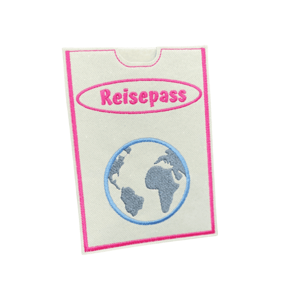 Personalisierte Reisepasshülle aus Kunstleder mit pinker Umrandung und Globus-Stickmotiv