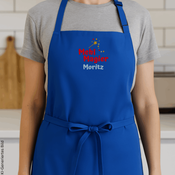 Personalisierte blaue Schürze zum Backen mit dem Namen Moritz und dem Motiv „Mehl Magier“