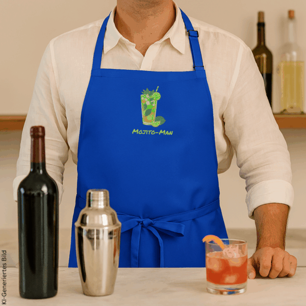 Personalisierte Bar-Schürze in Blau mit Mojito-Motiv, getragen von einem Mann an der Bar