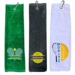 Tennishandtuch mit Split-Motiv: Drei Tennishandtücher mit individuellen Stickereien – Johannes (grün), Katharina (grau) und Moritz (weiß)