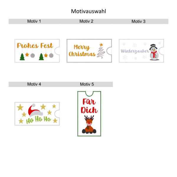 Übersicht mit fünf festlichen Stickmotiven zur Auswahl für eine Schokohülle aus Filz für Weihnachten, inklusive Rentier, Schneemann und Weihnachtsgrüßen.