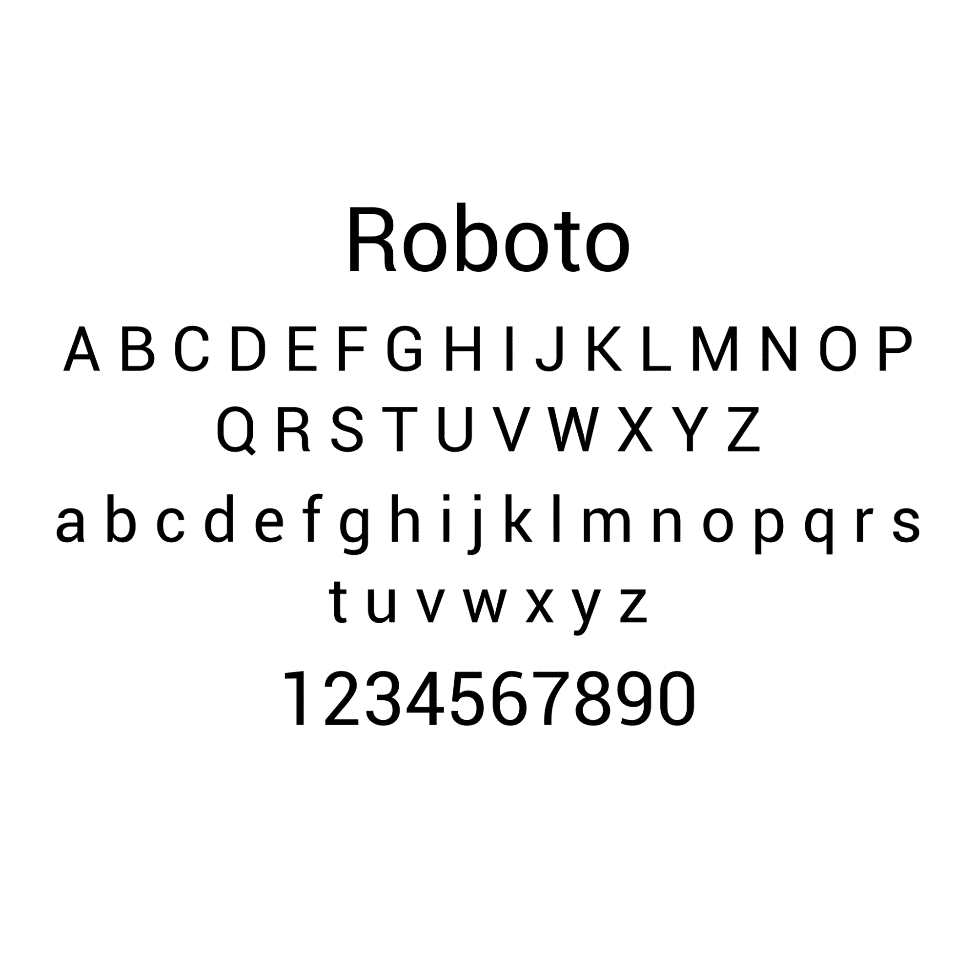 Klare serifenlose Schriftart "Roboto" mit alphabetischer und numerischer Darstellung.
