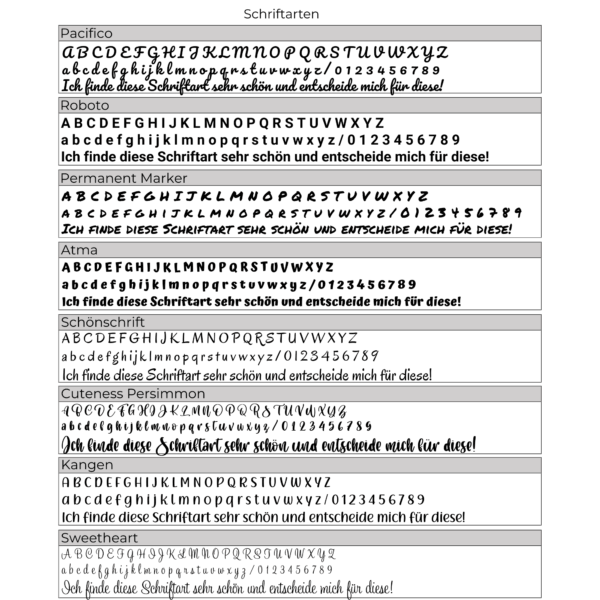 Verschiedene Schriftarten mit Namen, Alphabet und Satzvorschau in Boxen dargestellt.