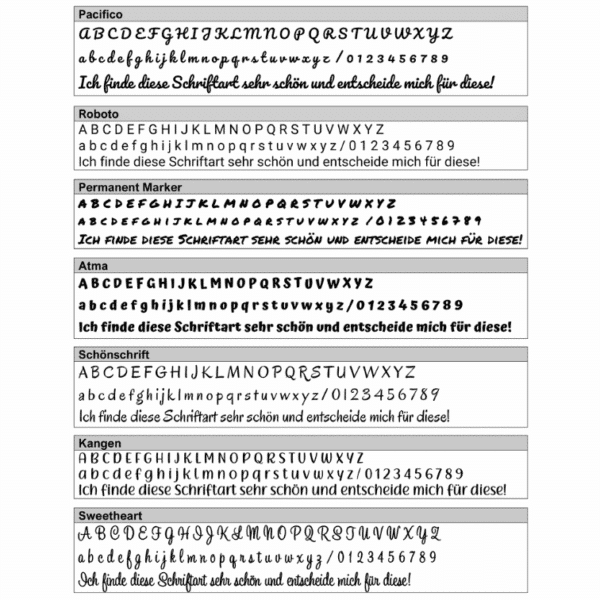 Übersicht von 8 Schriftarten für Stickerei: Pacifico, Roboto, Permanent Marker, Atma, Schönschrift, Kangen, Sweetheart