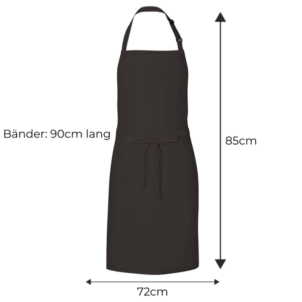 Schürze mit Maßangaben: 85 cm lang, 72 cm breit, Bänder 90 cm