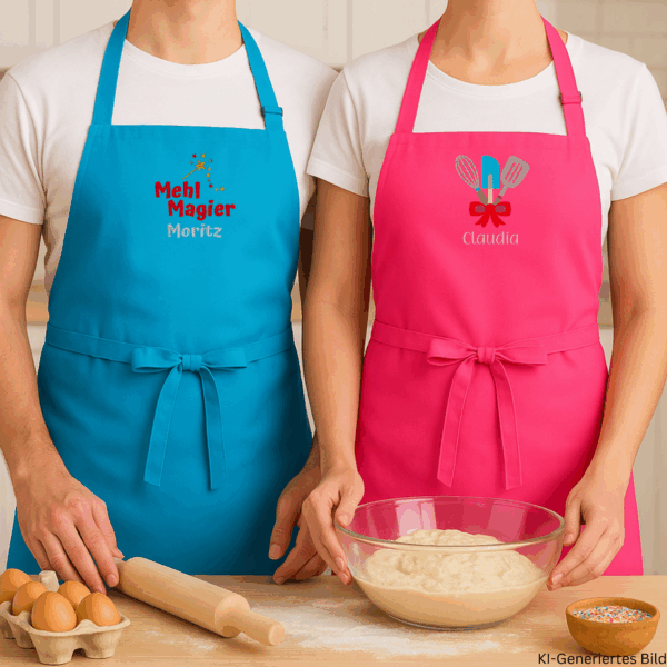 Zwei Personen beim Backen in der Küche mit personalisierten Schürzen in Pink und Türkis, mit den Namen Claudia und Moritz und zwei Stickmotiven.