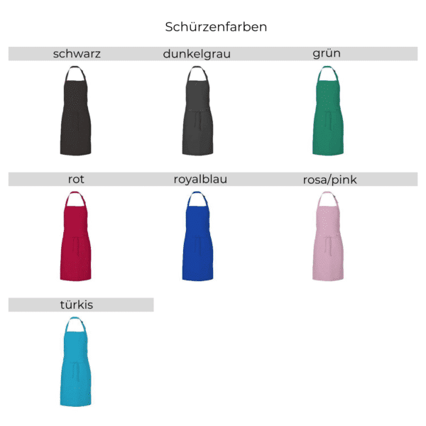 Farbauswahl Schürzen: schwarz, dunkelgrau, grün, rot, royalblau, pink, türkis – als Übersicht dargestellt