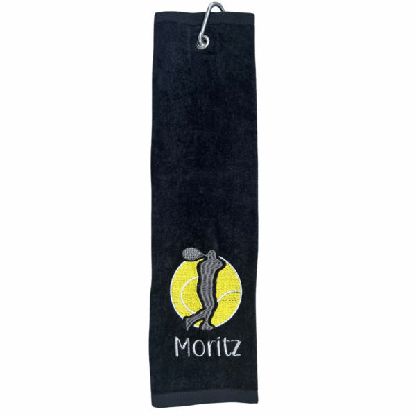 Tennishandtuch mit Motiv und Name: Schwarzes Handtuch mit Tennis-Spieler-Stickerei und dem Namen Moritz