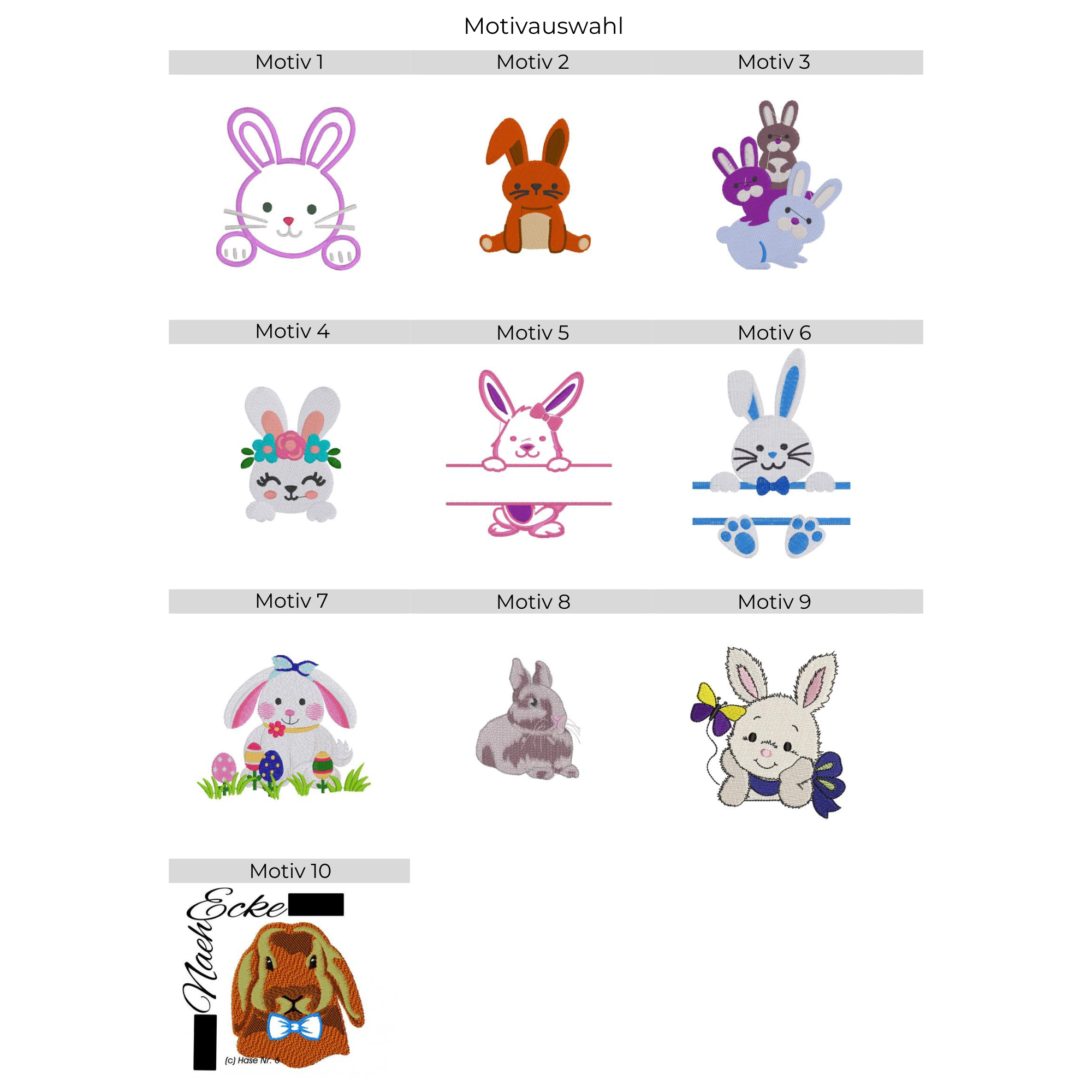 Übersicht mit zehn Stickmotiven zur Gestaltung einer Impfausweishülle aus Filz für Kaninchen