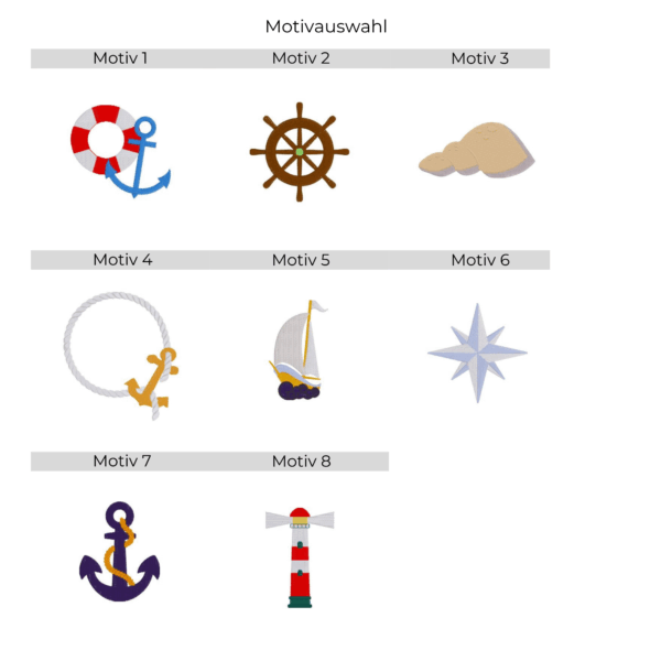 Übersicht maritimer Stickmotive zur Auswahl für eine Impfausweishülle aus Filz und Kunstleder – Maritim