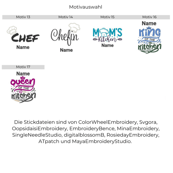 Stickmotiv-Übersicht der verschiedenen Motive zum auswählen für die persönliche Backschürze - Teil 2 inkl. Designerangaben