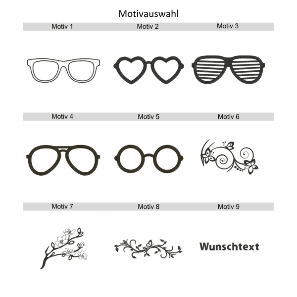 Stickmotiv-Auswahl für Brillenetui aus Filz – Brillenformen, Blumenranken und Wunschtext.