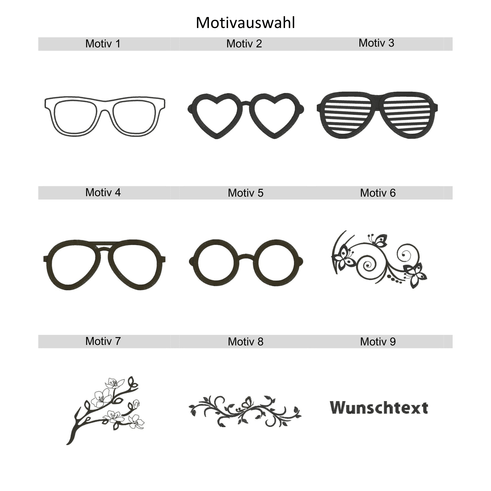Stickmotiv-Auswahl für Brillenetui aus Filz – Brillenformen, Blumenranken und Wunschtext.