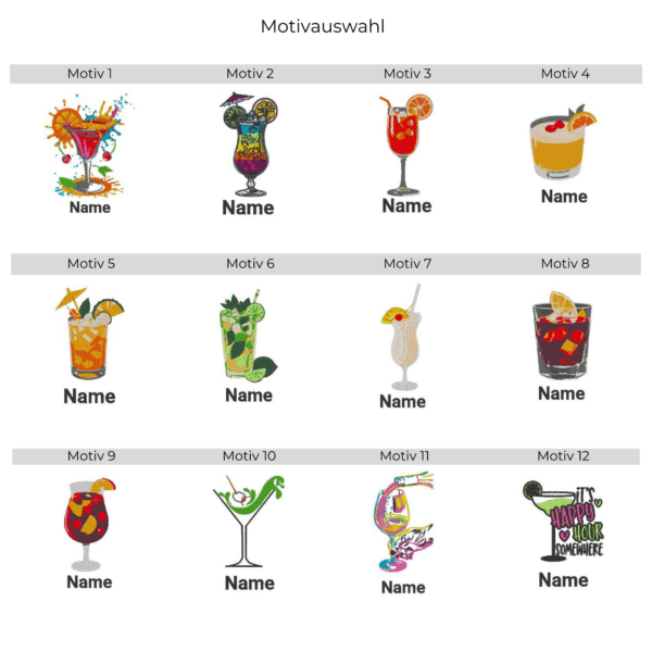 Übersicht der Stickmotive für Cocktail- und Wein-Schürzen – 12 farbenfrohe Designs zur Auswahl