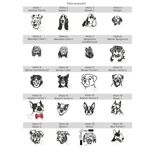 Übersicht von Stickmotiven zur Auswahl für die Impfausweishülle aus Filz für Hunde - Hunderasse mit klassischen und beliebten Hunderassen
