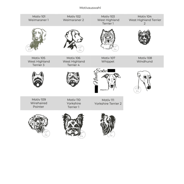 Übersicht an Stickmotiven für die Impfausweishülle aus Filz für Hunde - Hunderasse inklusive Yorkshire Terrier, Whippet und Weimaraner
