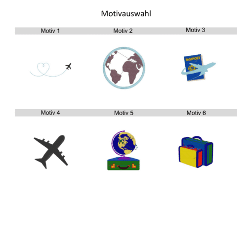Stickmotiv-Auswahl für Reisepasshülle aus Filz und Kunstleder mit sechs maritimen und reisebezogenen Designs