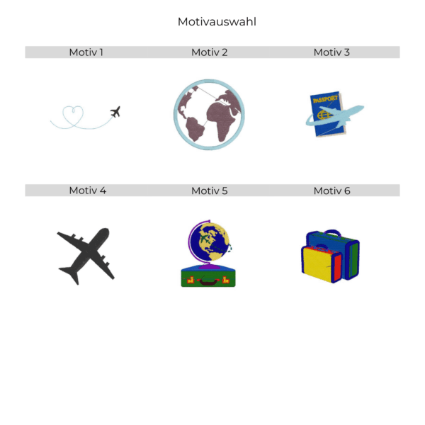 Stickmotiv-Auswahl für Reisepasshülle aus Filz und Kunstleder mit sechs maritimen und reisebezogenen Designs