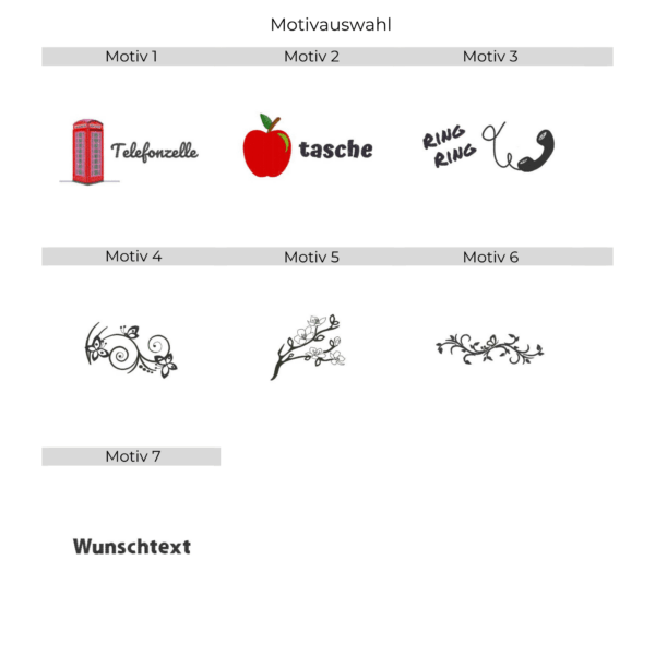 Übersicht aller Stickmotive für Handyhülle aus Filz – von floralen Mustern bis Wunschtext.