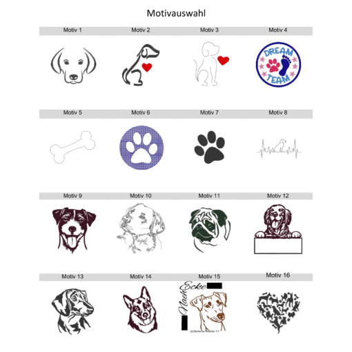 Übersicht mit 16 Stickmotiven zur Auswahl für die Impfausweishülle für Hunde.