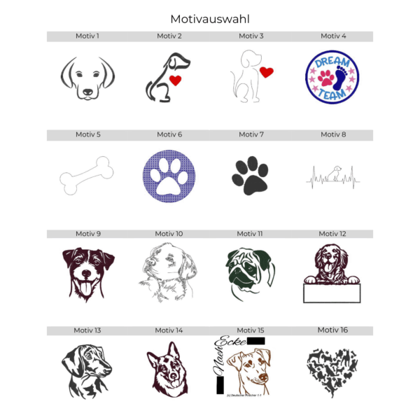 Übersicht mit 16 Stickmotiven zur Auswahl für die Impfausweishülle für Hunde.