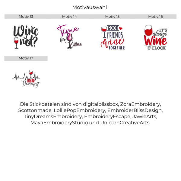Übersicht von 5 humorvollen Stickmotiven mit Wein-Sprüchen für personalisierte Schürzen