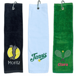Tennishandtuch mit Motiv und Name: Bestickte Tennishandtücher mit Motiven: Moritz (schwarz), Tennis (weiß), Clara (grün)