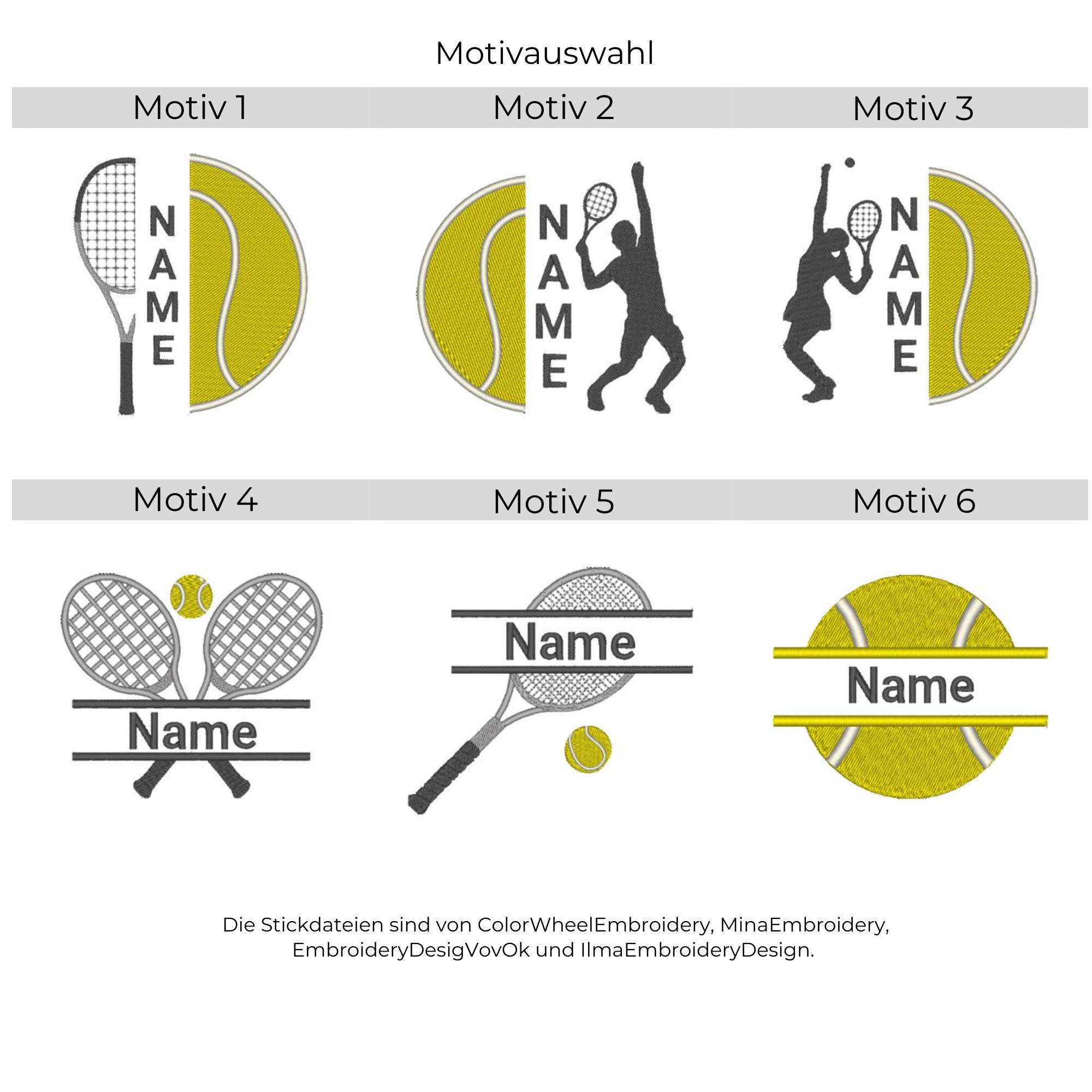 Übersicht mit sechs modernen Stickmotiven als Split zum Thema Tennis