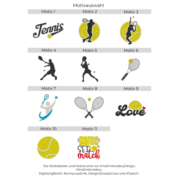 Bildübersicht aller Stickmotive zum Thema Tennis mit Motiven 1 bis 11