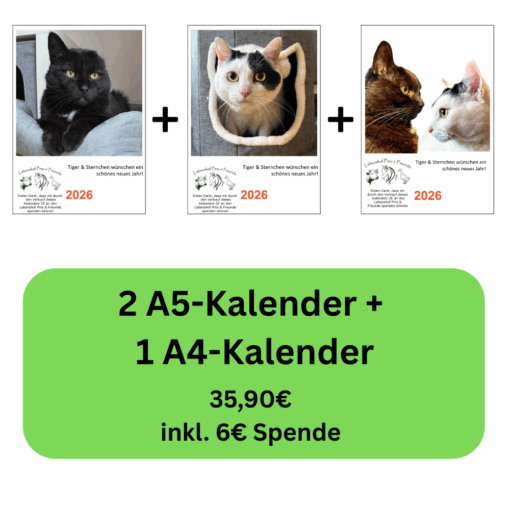 Vorteils-Paket 2: Zwei A5-Kalender und ein A4-Kalender mit Katzenmotiven – Vorteils-Paket mit 6 € Spende