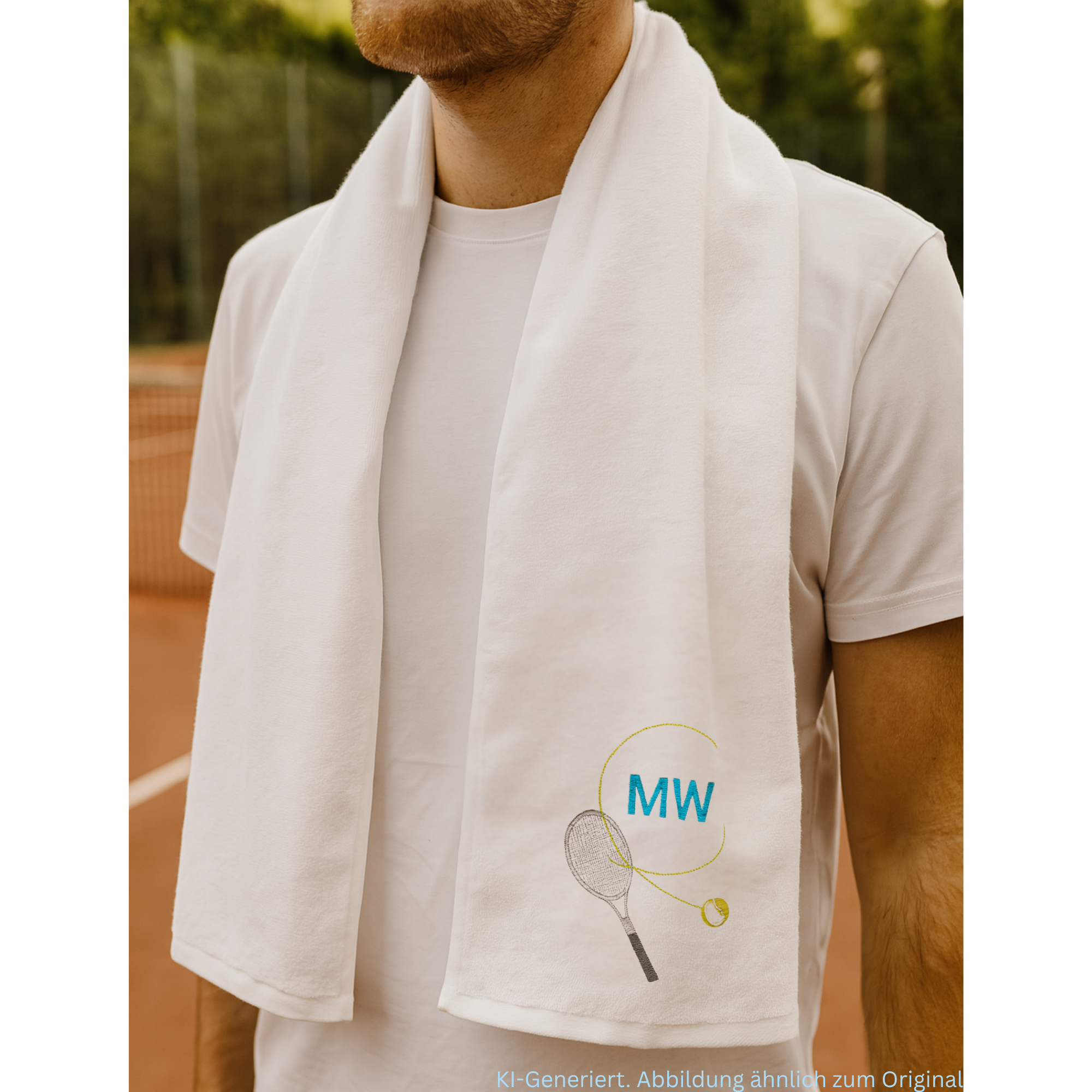 Weißes Tennishandtuch mit Initialen „MW“, Tennisschläger und Ball als Stickerei, getragen von einem Mann auf einem Tennisplatz.