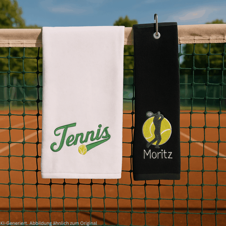 Zwei Tennishandtücher (weiß und schwarz) mit Stickerei „Tennis“ und „Moritz“ hängen am Netz eines Sandplatzes.