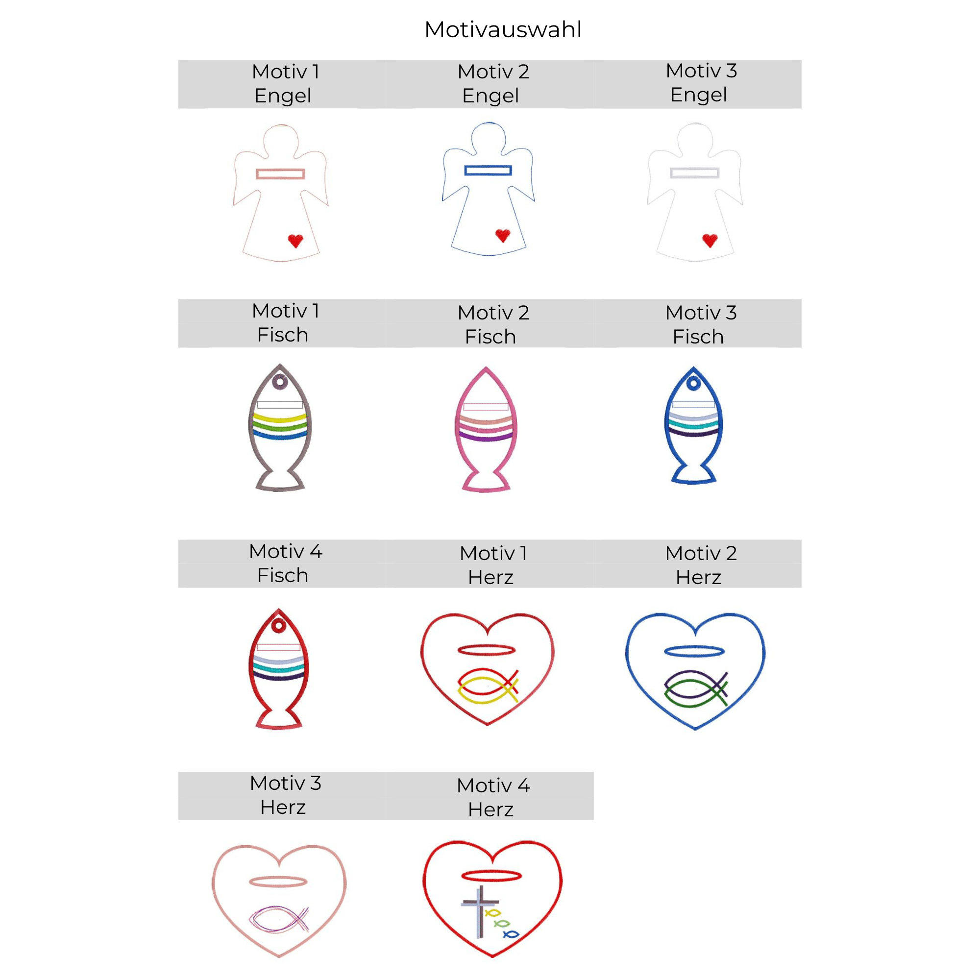 Motivübersicht für Geldgeschenk mit christlichen Motiven – Engel, Fisch und Herz als Stickdesigns.